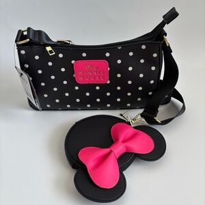 Bioworld Disney Minnie Mouse Black Polka Dot Crossbody Coin Pouch Set NWT